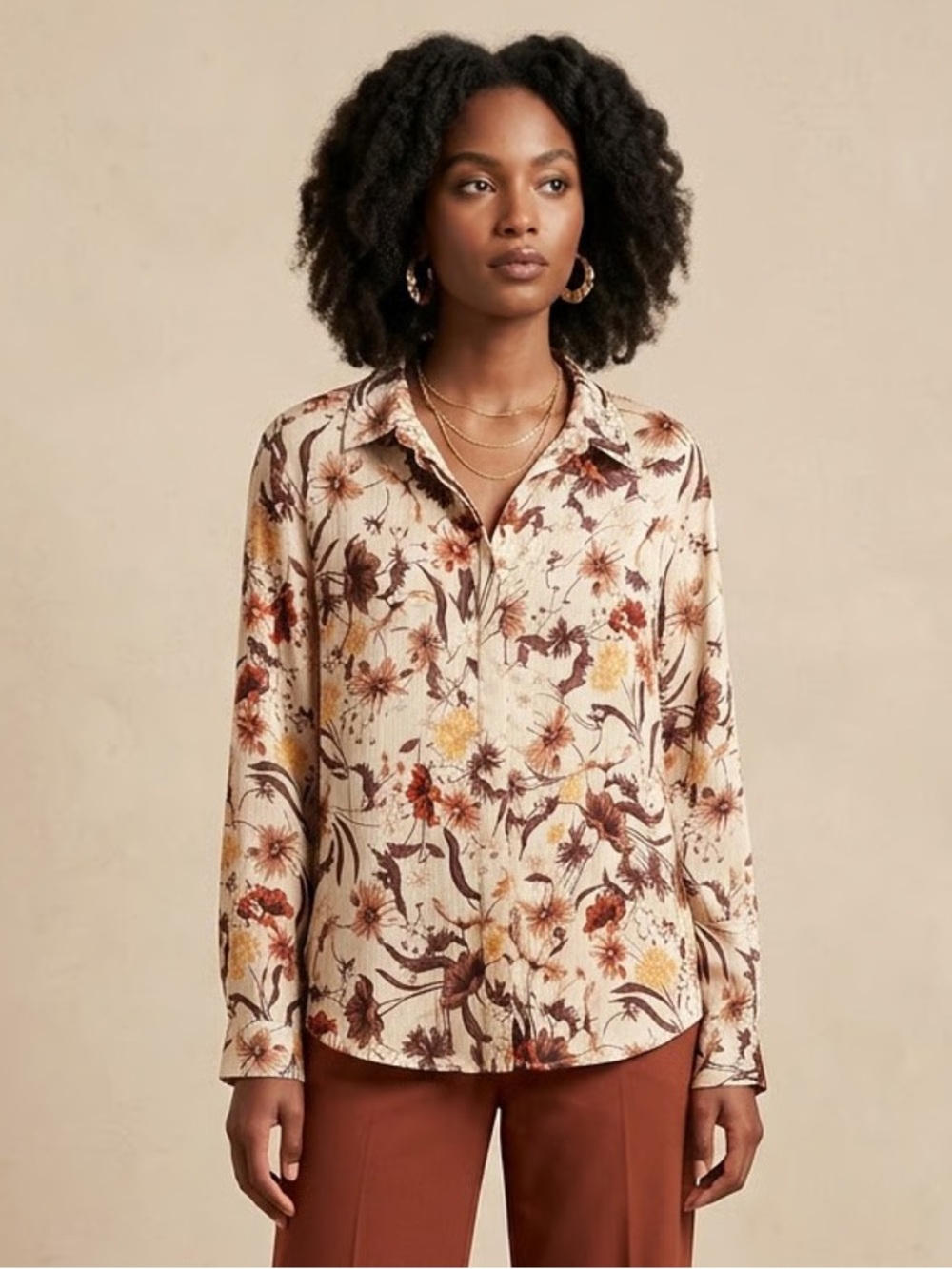 ZARA | Tan Floral Textured Button-Front Blouse Sz XL